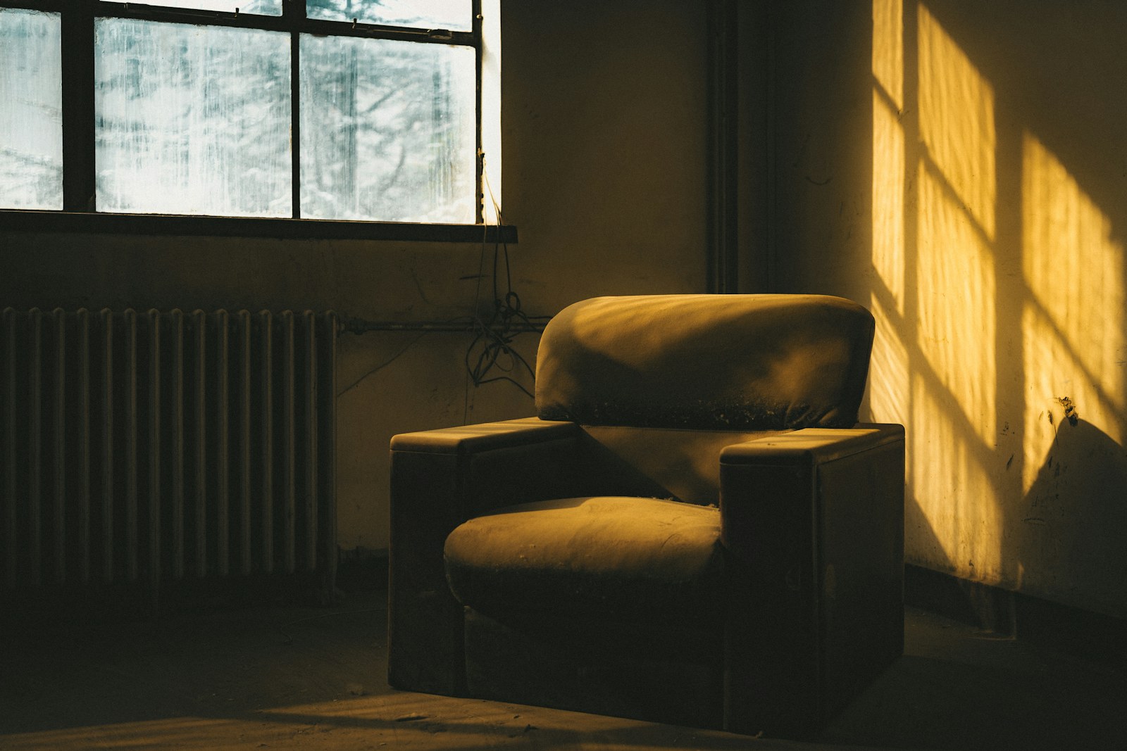 An empty armchair held in warm window light