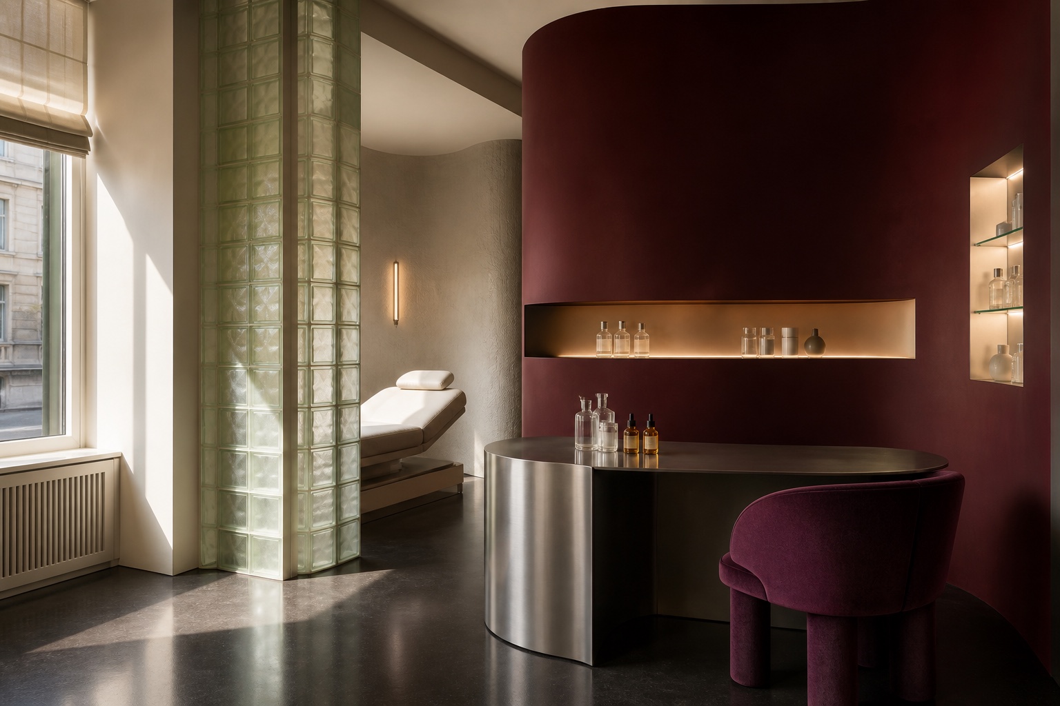 The Willow studio in oxblood, pistachio glass and chrome
